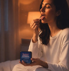 une femme sur son lit moment de calme avant le coucher en prenant une bandelette orale sur la langue